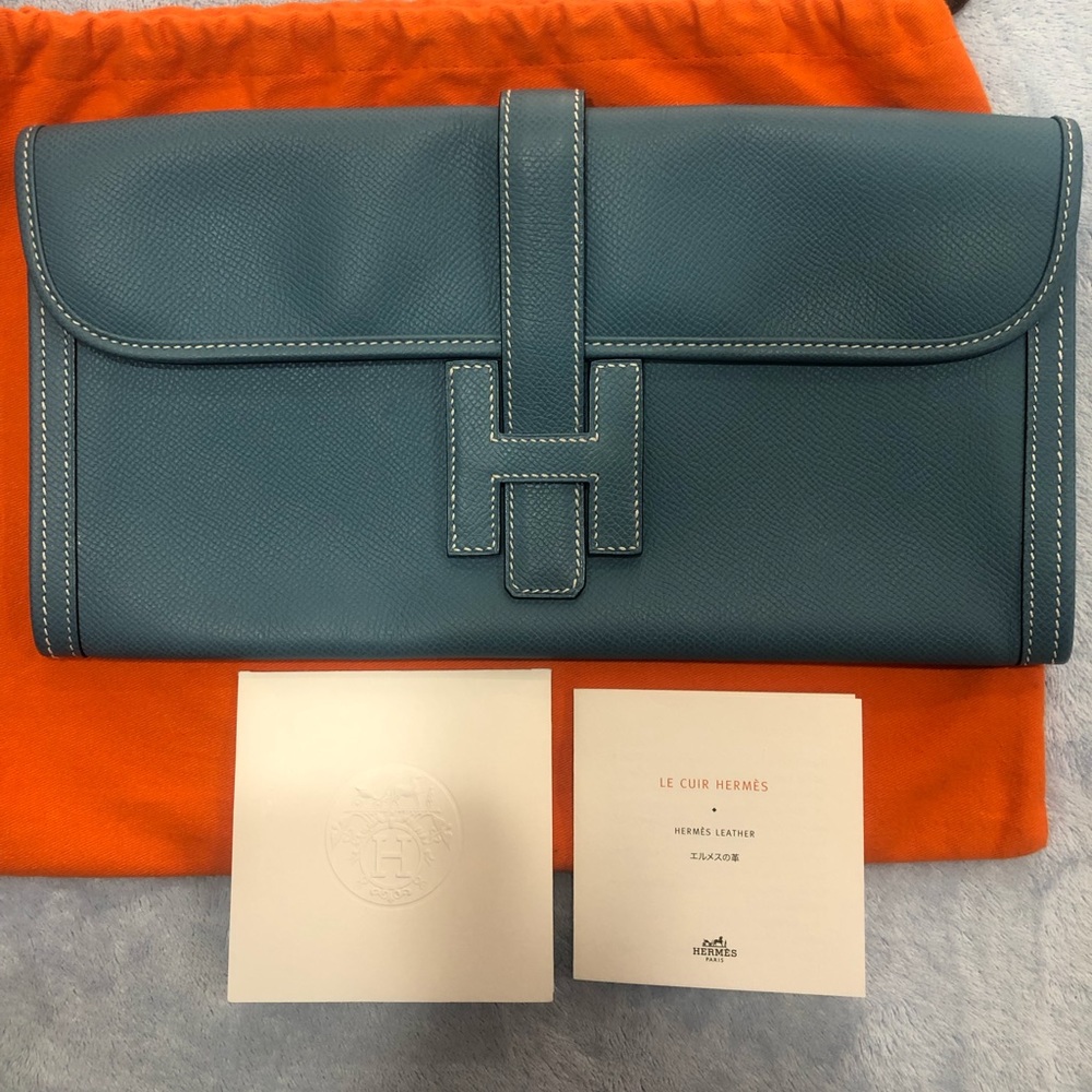Authentic Hermes Blue Jean Epsom Leather Jige Elan H Clutch Bag